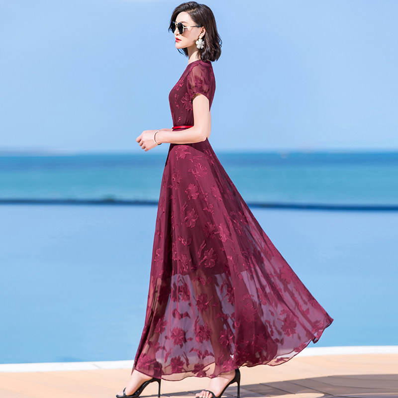 パーティードレス 花柄刺繍シフォン半袖ロング丈ワンピース