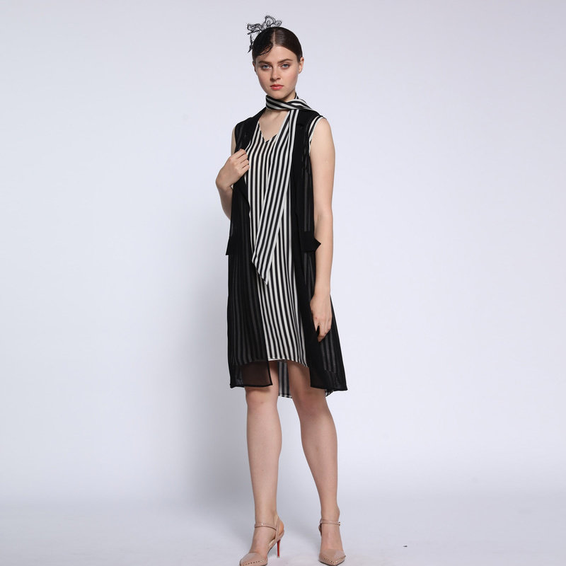 パーティードレス 縦縞柄レイヤード風スカーフ付きノースリーブワンピース