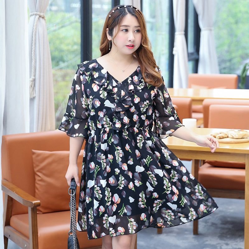パーティードレス 花柄シフォンフリル袖ウエスト切替ワンピース