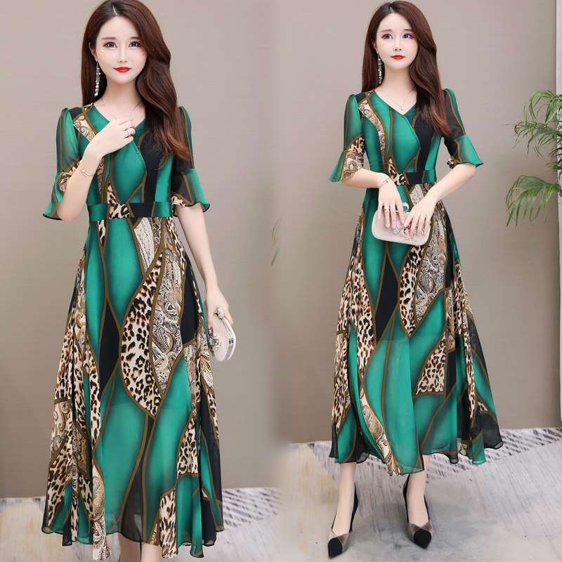 パーティードレス 豹柄スカーフ柄シフォンフレア袖ロング丈ワンピース