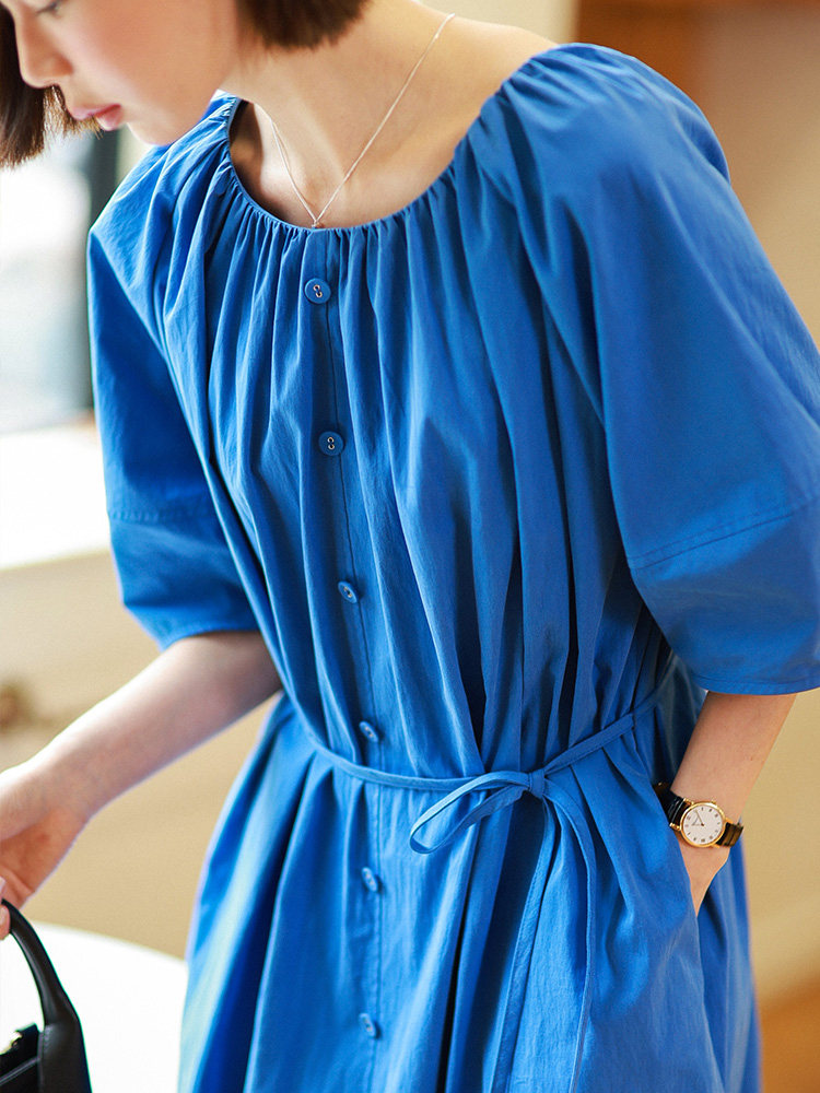 パーティードレス ギャザーネック半袖ウエストリボンミディ丈ワンピース