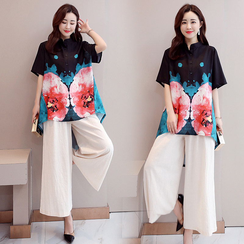 パーティードレス 水彩花柄チャイナ風ブラウスワイドパンツセットアップ