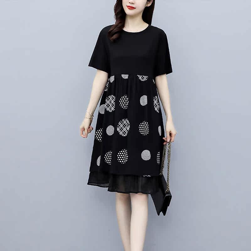 パーティードレス 幾何学模様の二重裾デザイン半袖ワンピース