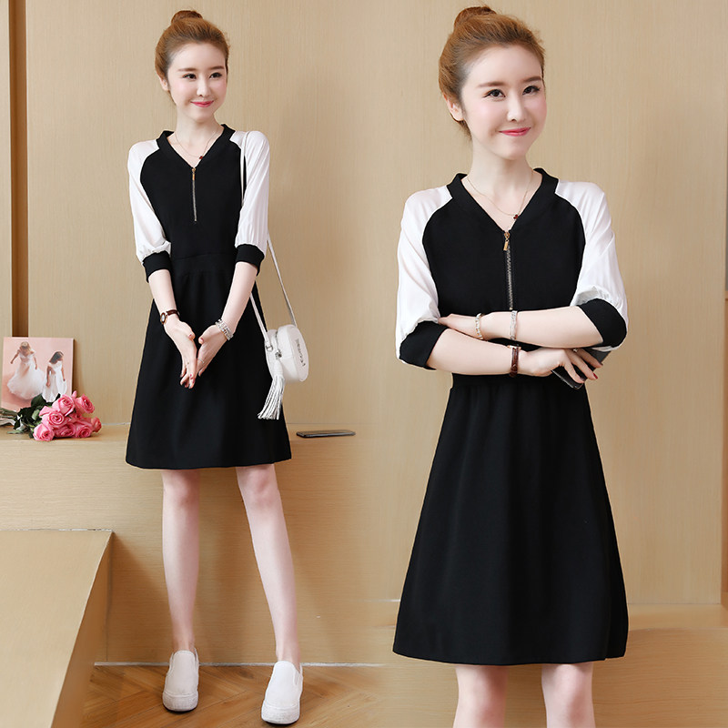 パーティードレス 配色袖フードジップデザイン七分袖ワンピース