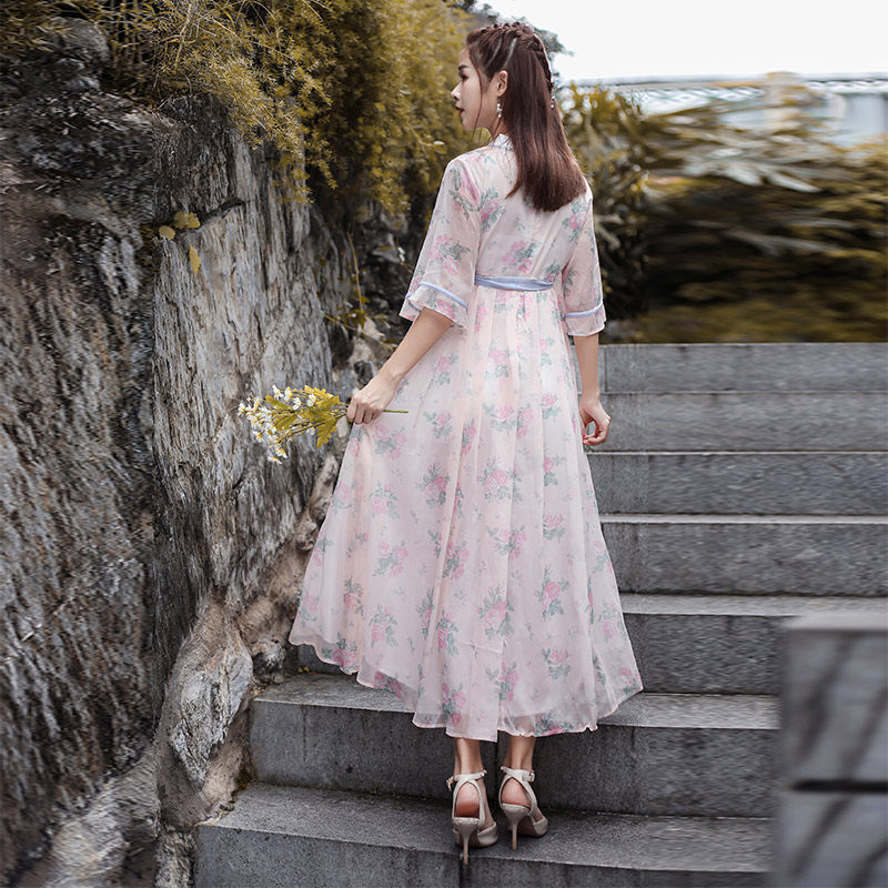 パーティードレス 花柄シフォン襟付き五分袖ワンピース