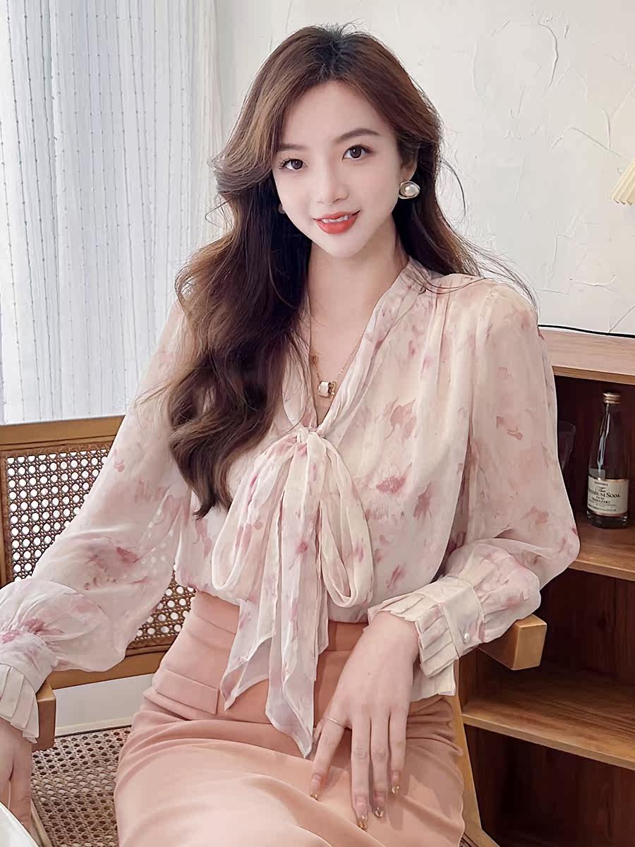 パーティードレス 花柄シフォンボウタイブラウス切替タイトスカートワンピース