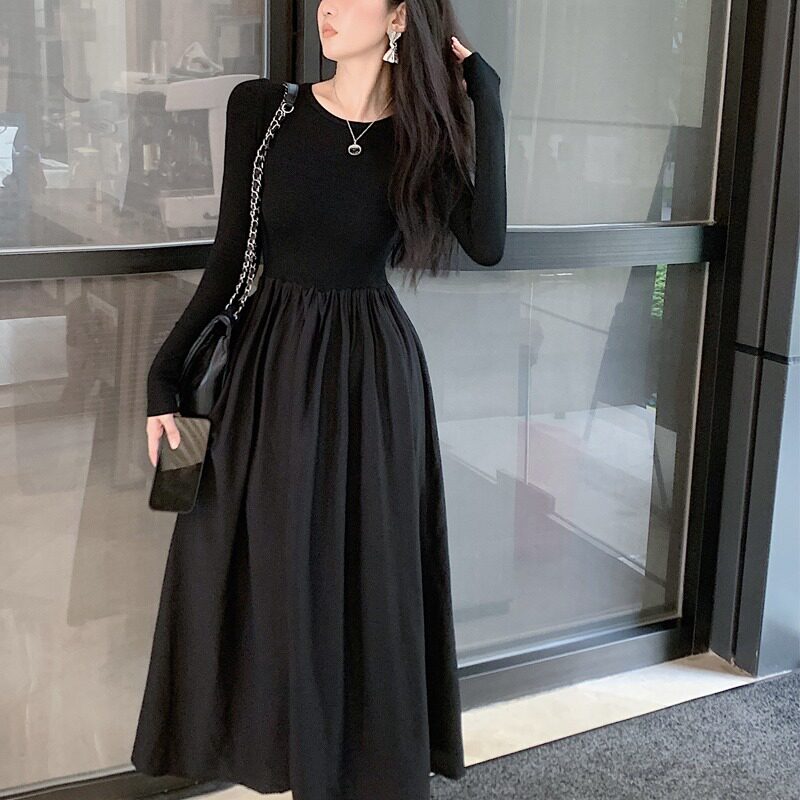 カジュアルドレス 長袖ギャザースカート切替ロング丈ワンピース