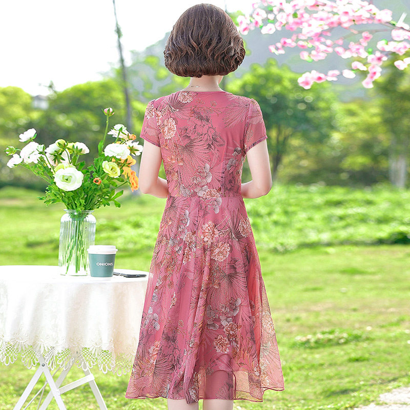 パーティードレス 花柄刺繍レース半袖ミディ丈ワンピース