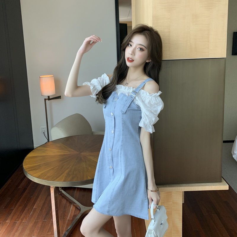 パーティードレス オフショルダーフリル袖デニム風ワンピース
