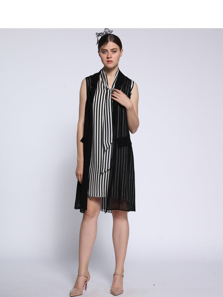 パーティードレス 縦縞柄レイヤード風スカーフ付きノースリーブワンピース