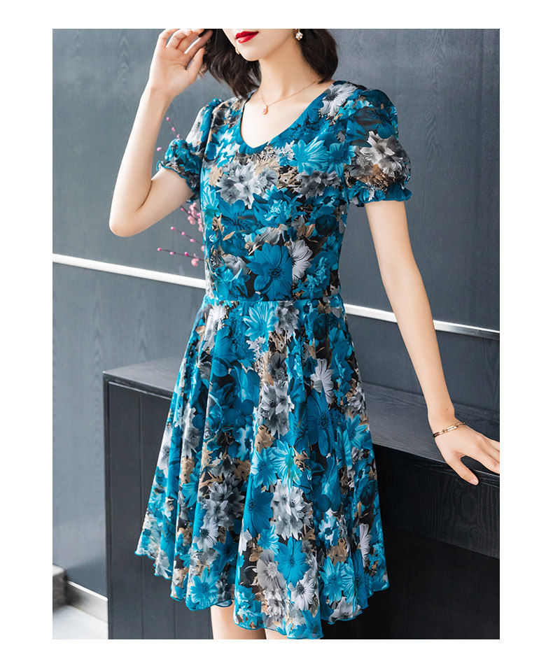 パーティードレス 花柄刺繍パフスリーブ裾広がりワンピース