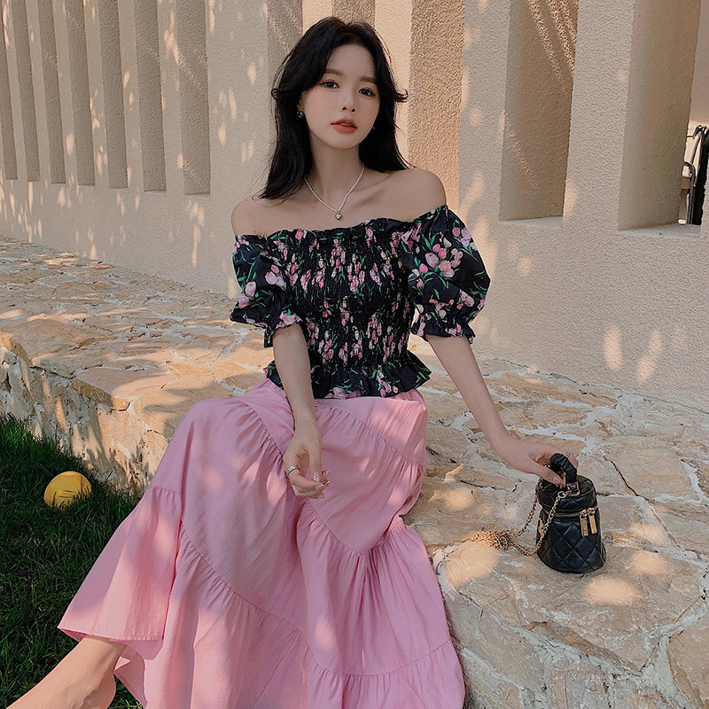 パーティードレス 花柄オフショルダートップスとティアードスカートのセットアップ