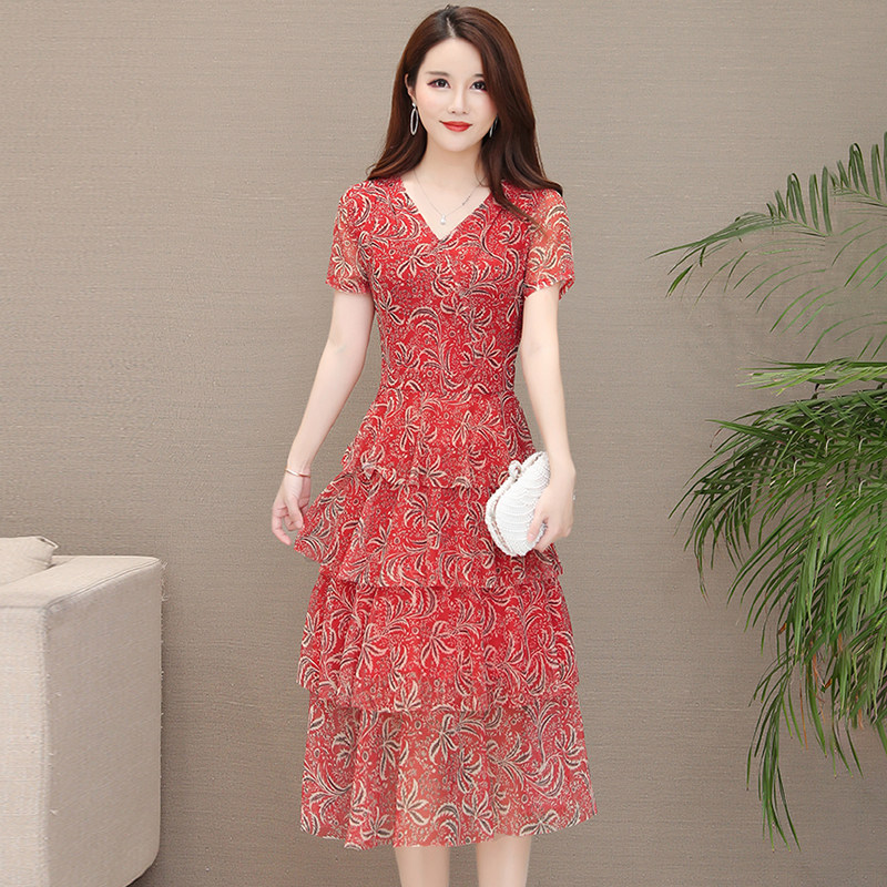 パーティードレス 総刺繍レース半袖ブイネックミディ丈ワンピース