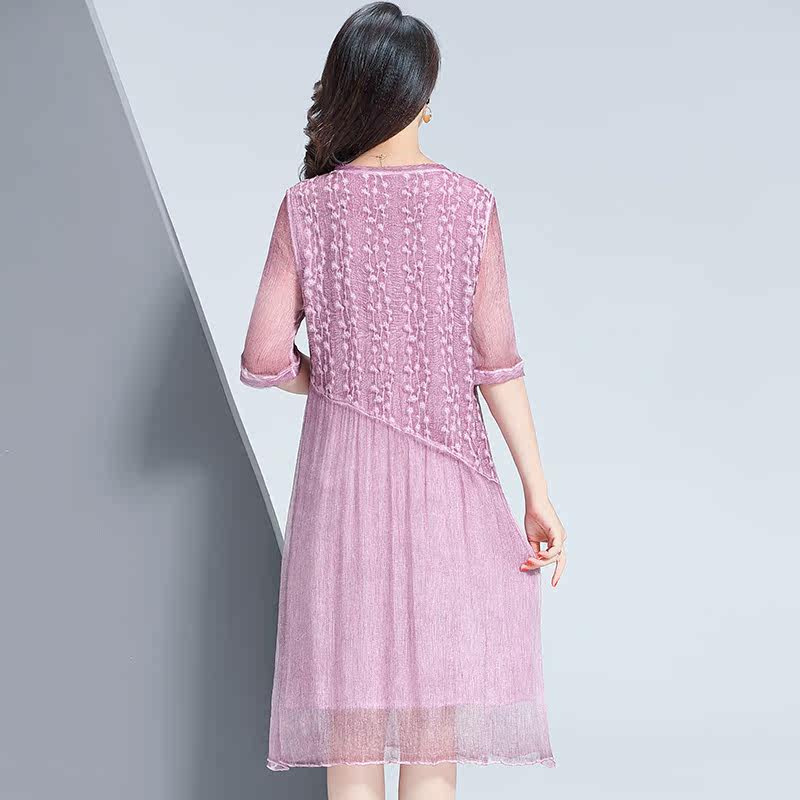 パーティードレス 上品刺繍レース切替五分袖パーティードレス