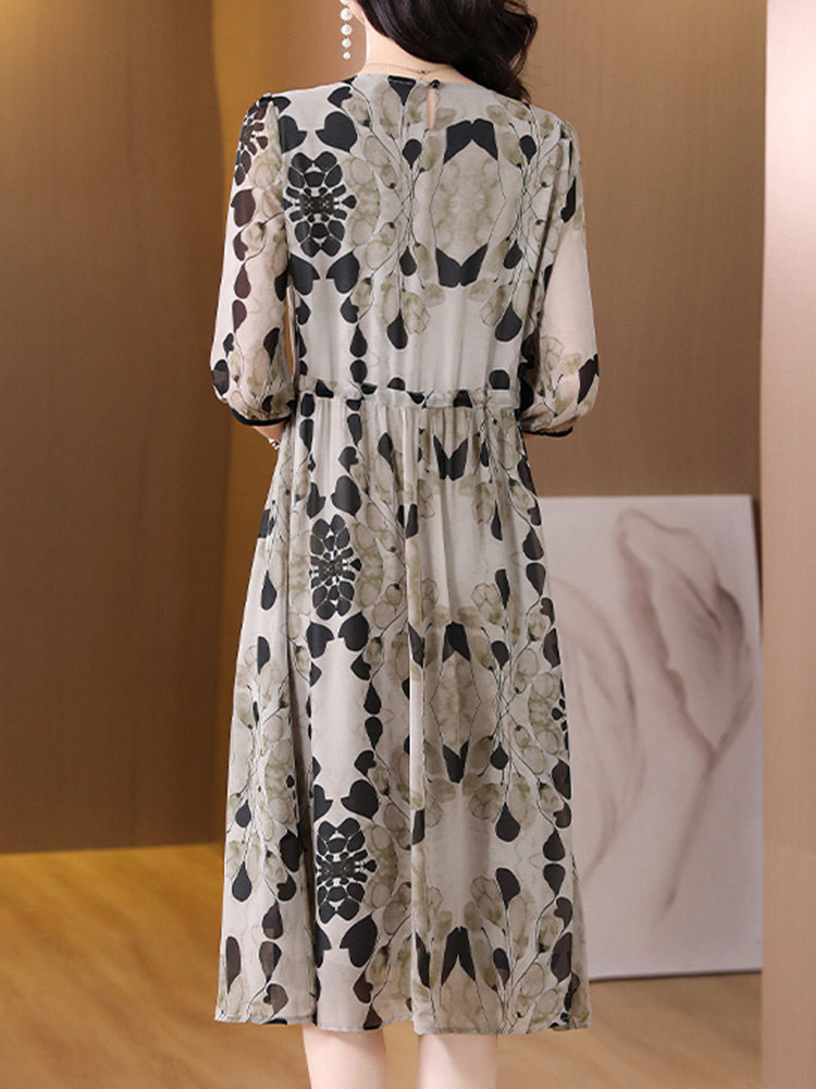 パーティードレス 大人の花柄シフォン五分袖ウエストリボンワンピース