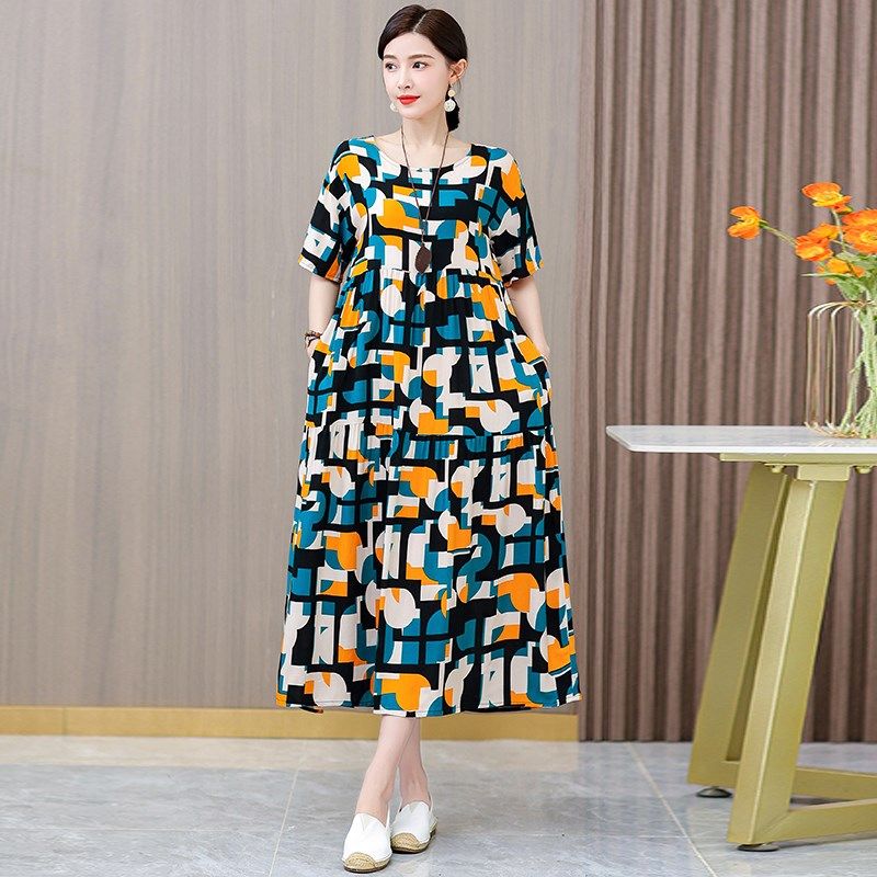 パーティードレス 小花柄丸首半袖ティアード切替ロング丈ワンピース