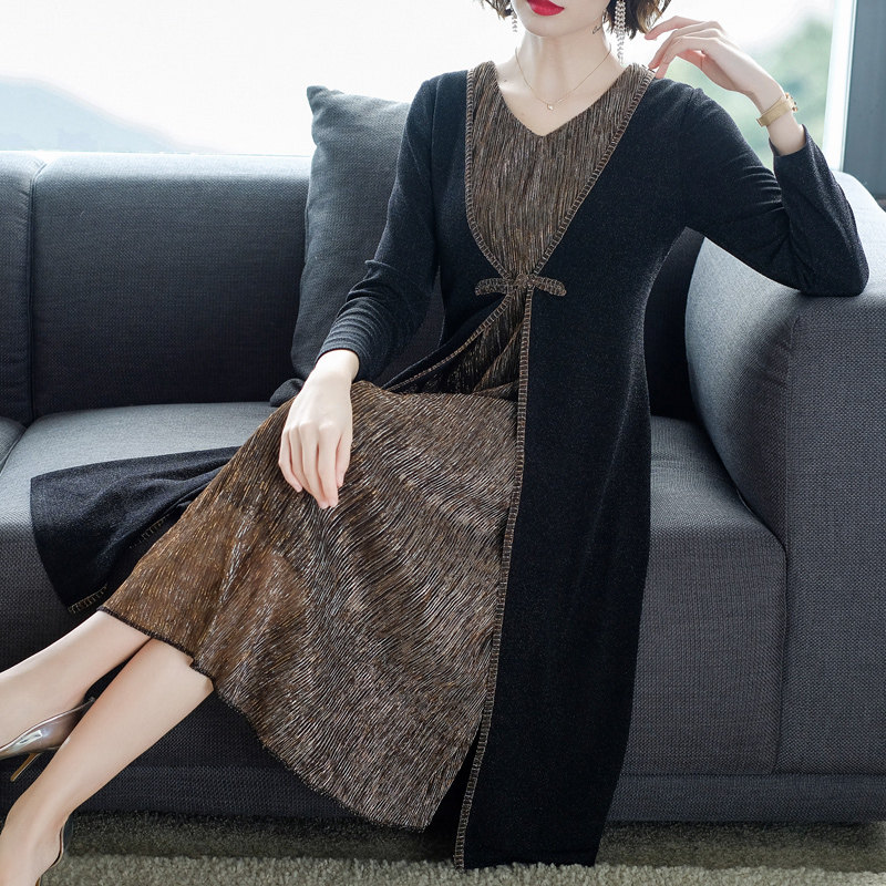 パーティードレス 異素材切替えリボンデザイン長袖ワンピース