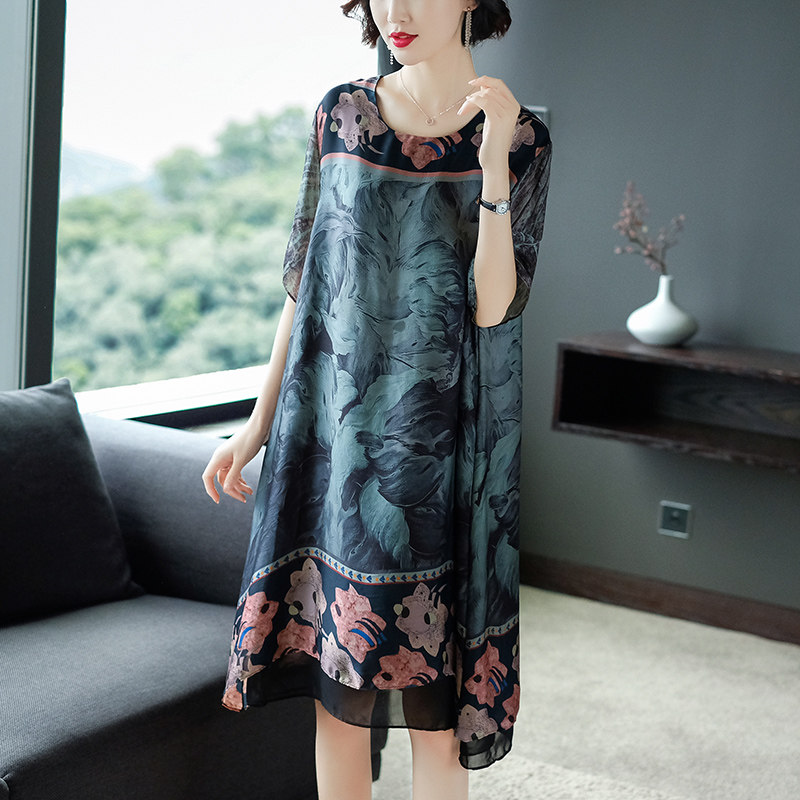 パーティードレス 花柄切替デザイン五分袖シルク調ワンピース