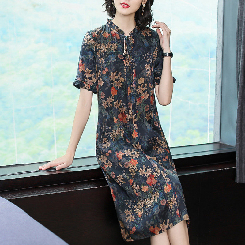 パーティードレス レトロ花柄シフォン五分袖リボン付きワンピース