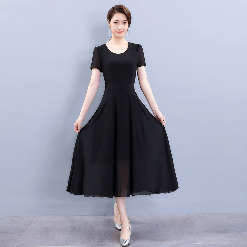 パーティードレス パフスリーブ丸首フレア裾ミモレ丈ワンピース