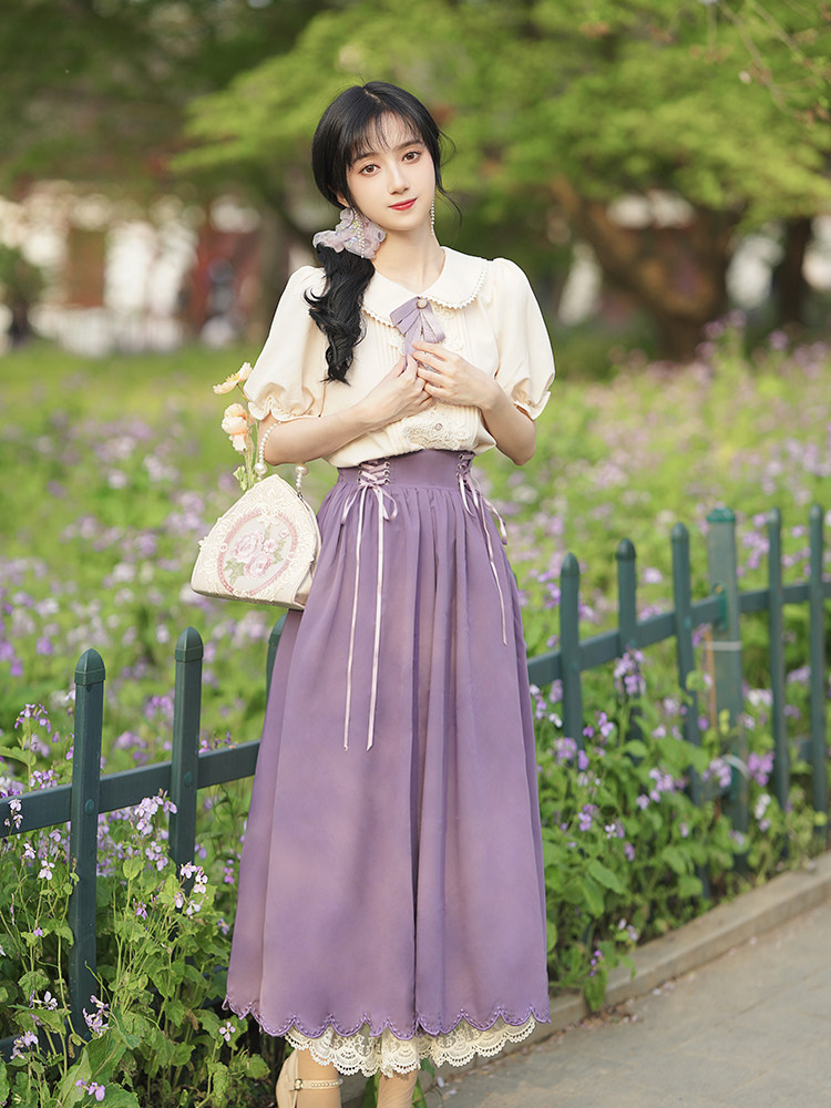 パーティードレス パフスリーブリボン付きロングボリュームスカートワンピース