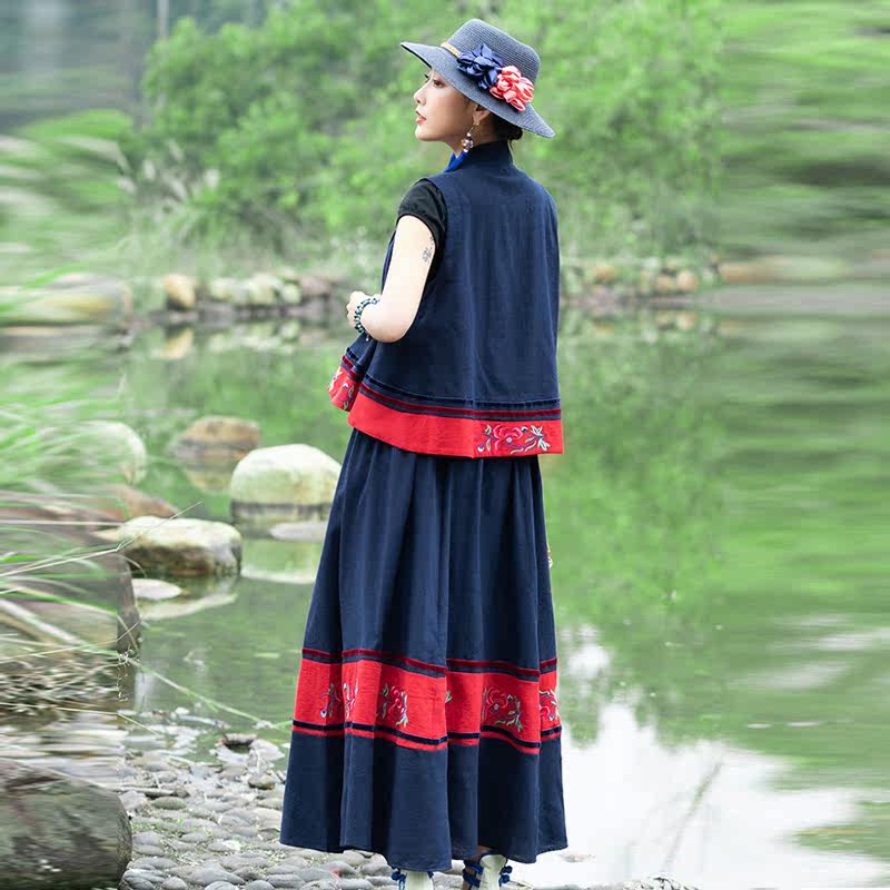 パーティードレス 民族刺繍切替ベスト付きティアードマキシ丈ワンピース