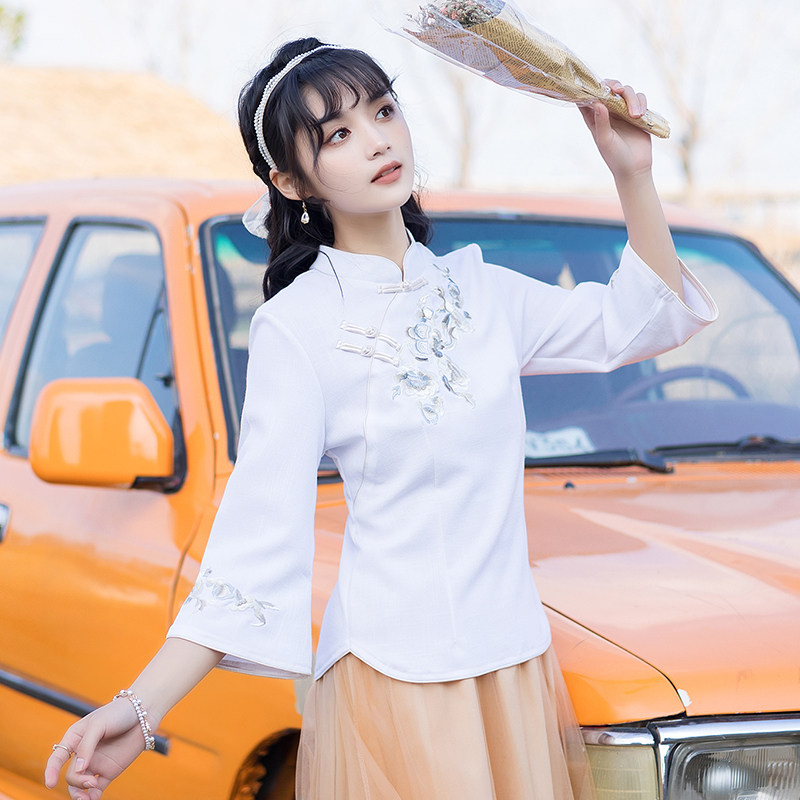 パーティードレス 中華風刺繍入りチュールスカート切替ワンピース