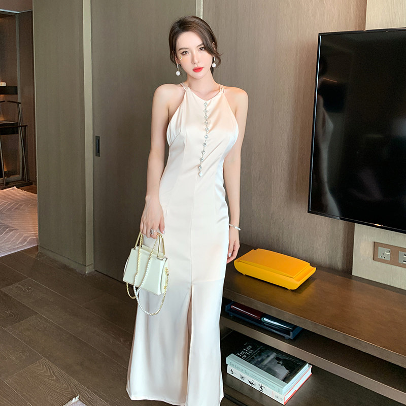 パーティードレス サテン風ホルターネックロングワンピース