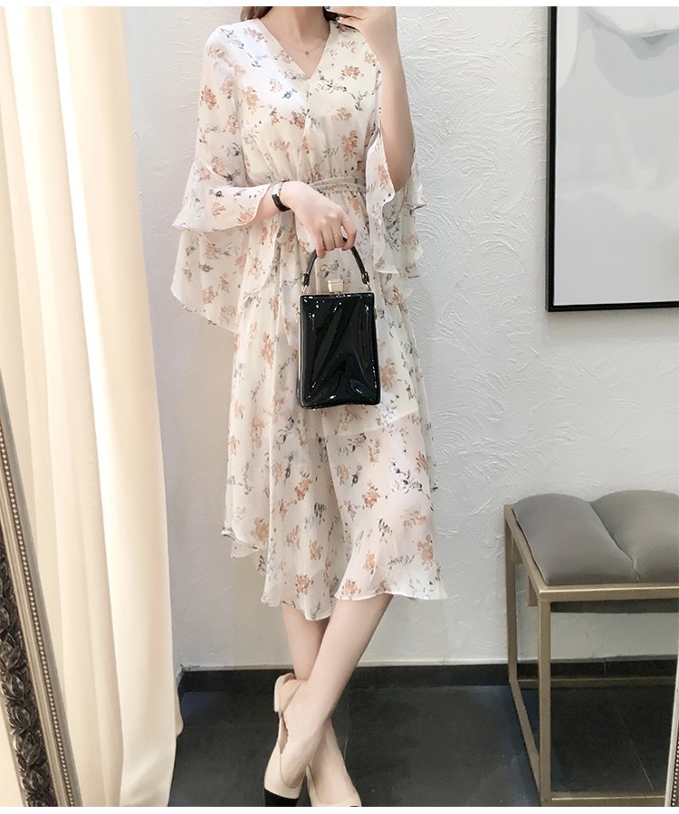 パーティードレス 小花柄シフォンフレア袖ウエストリボンワンピース