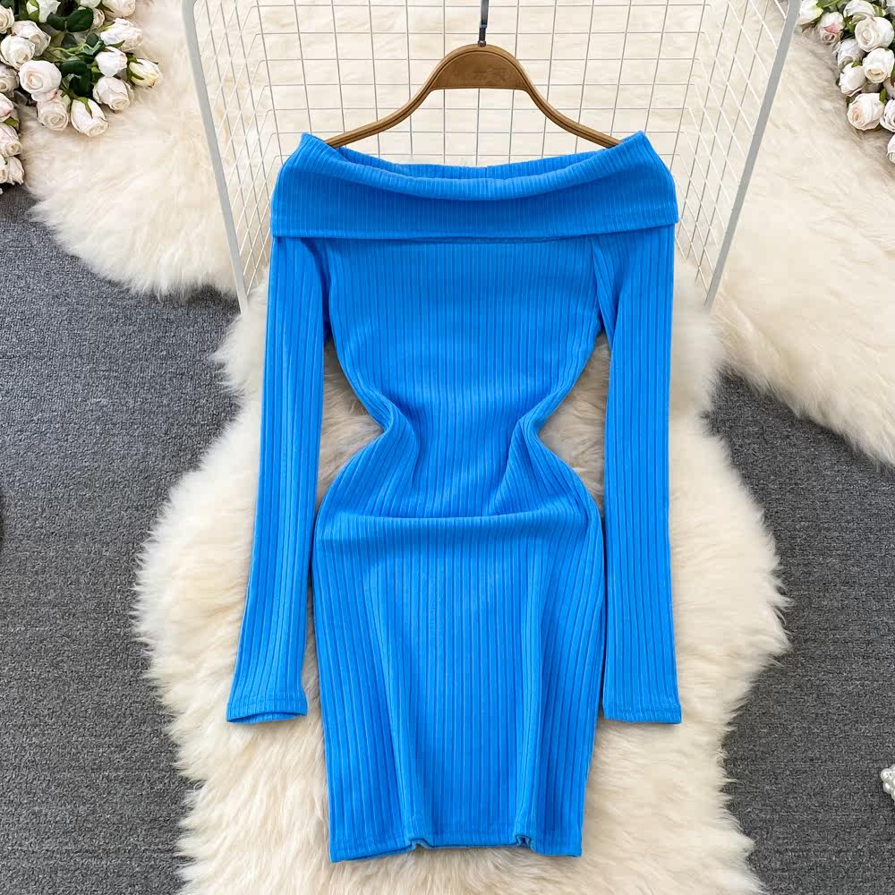 パーティードレス オフショルダーリブニットタイトワンピース