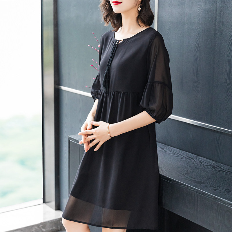 パーティードレス タッセル付きシフォン七分袖ワンピース