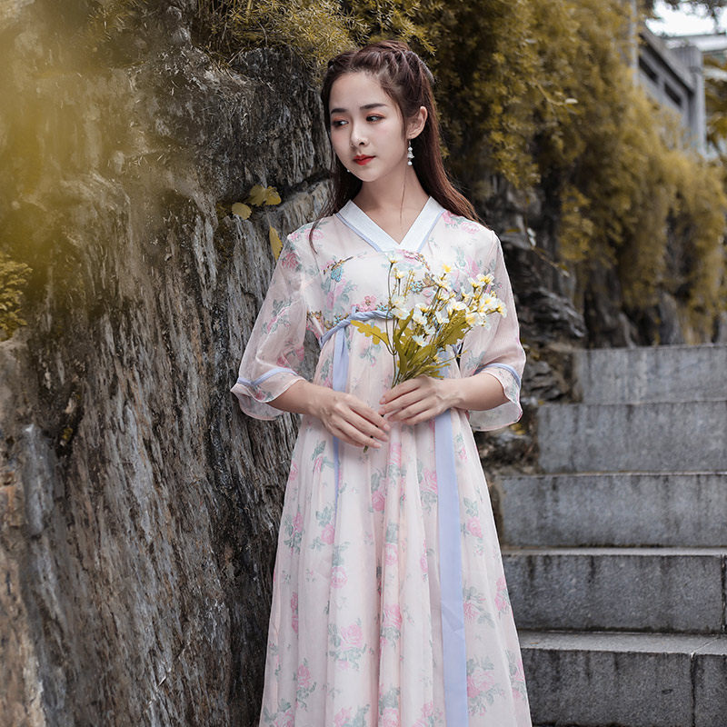 パーティードレス 花柄シフォン襟付き五分袖ワンピース