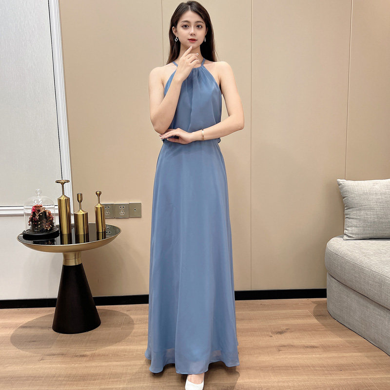 パーティードレス ホルターネック風深Vネックロング丈ワンピース