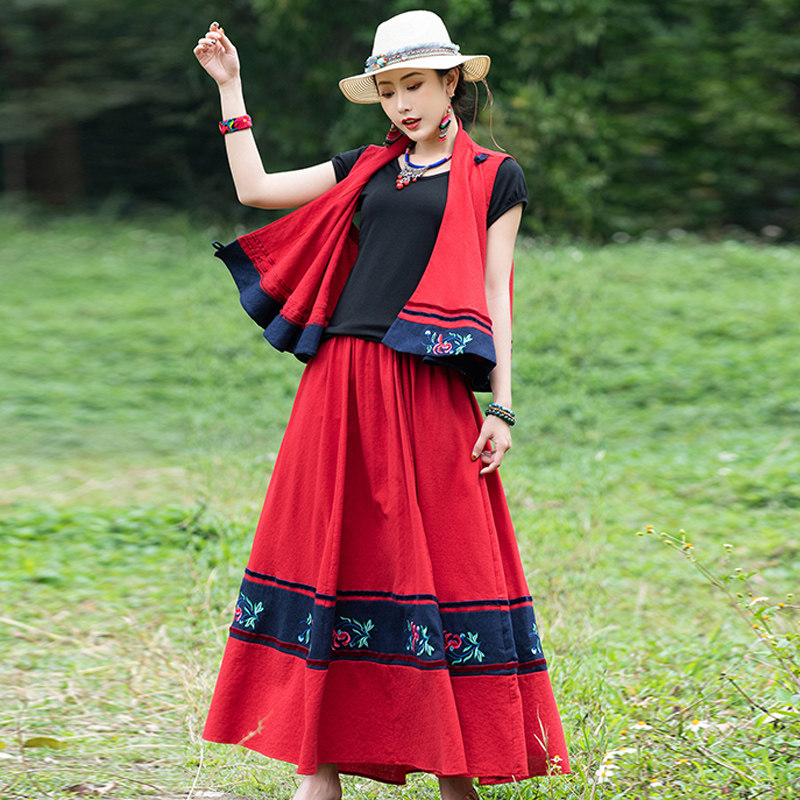 パーティードレス 民族刺繍切替ベスト付きティアードマキシ丈ワンピース