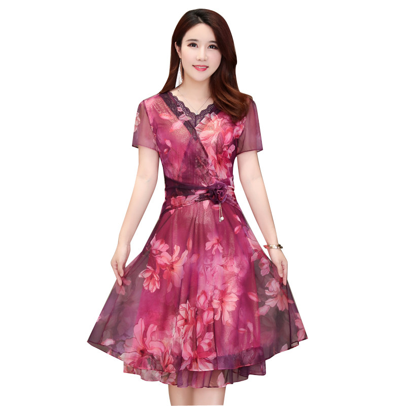 パーティードレス 花柄シフォン半袖膝丈ワンピース