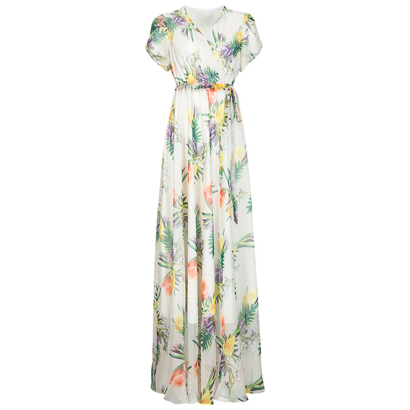 パーティードレス 南国ボタニカル柄シフォンマキシ丈ワンピース