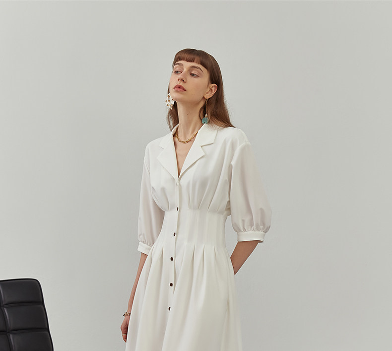 パーティードレス 襟付きシャツ風ウエストギャザーロング丈ワンピース