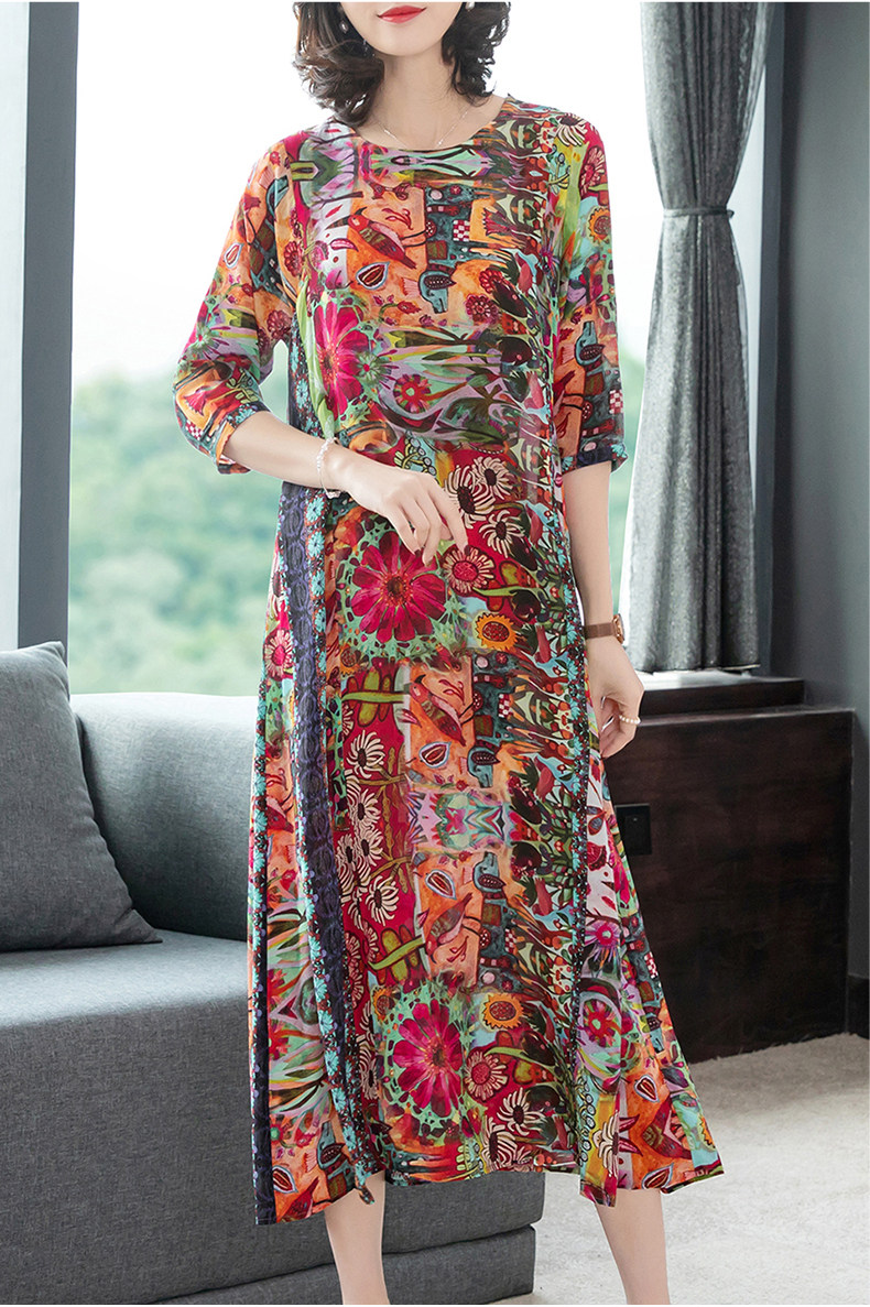 パーティードレス 華やかな花柄プリント七分袖ロング丈ワンピース