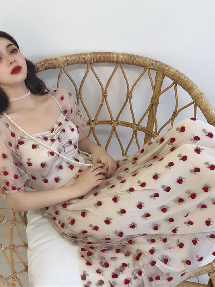 パーティードレス 小花柄刺繍パフスリーブシアーロングワンピース