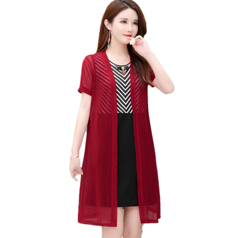 パーティードレス シアーロングカーディガン付きストライプ切替ワンピース