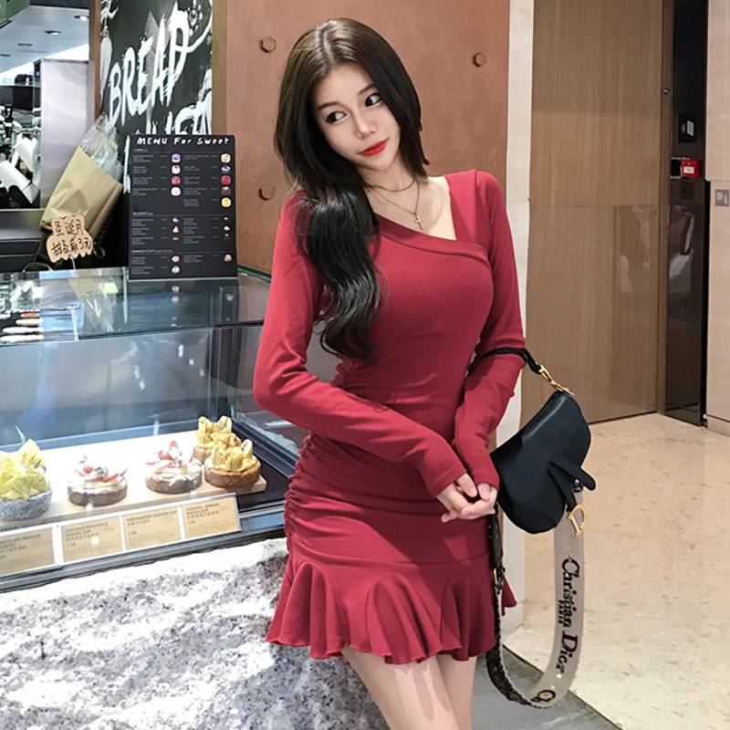 パーティードレス アシンメトリーネックライン長袖マーメイドワンピース