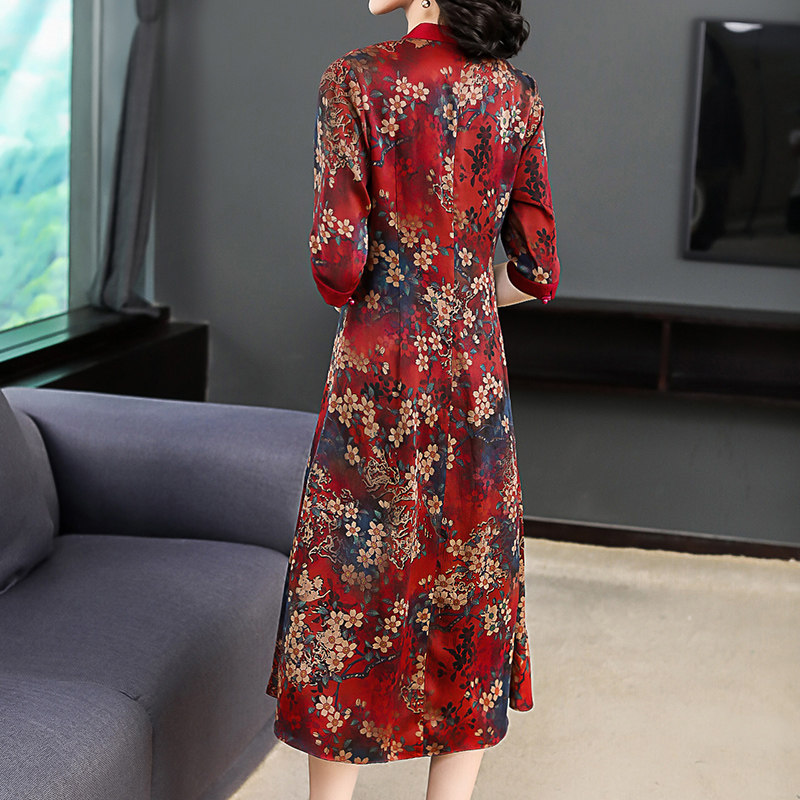パーティードレス 和モダン花柄シフォン七分袖ワンピース