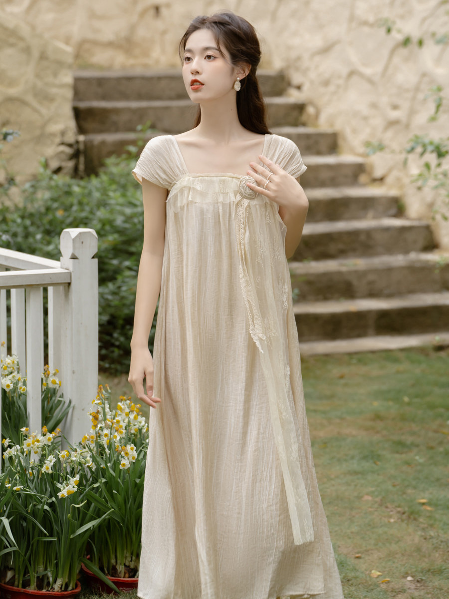 パーティードレス チュールスリーブ付きエンパイアラインロングワンピース