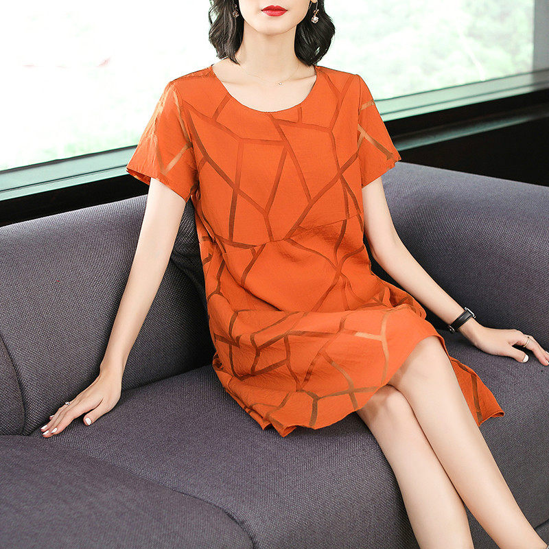 パーティードレス 幾何学模様の半袖シフォンワンピース