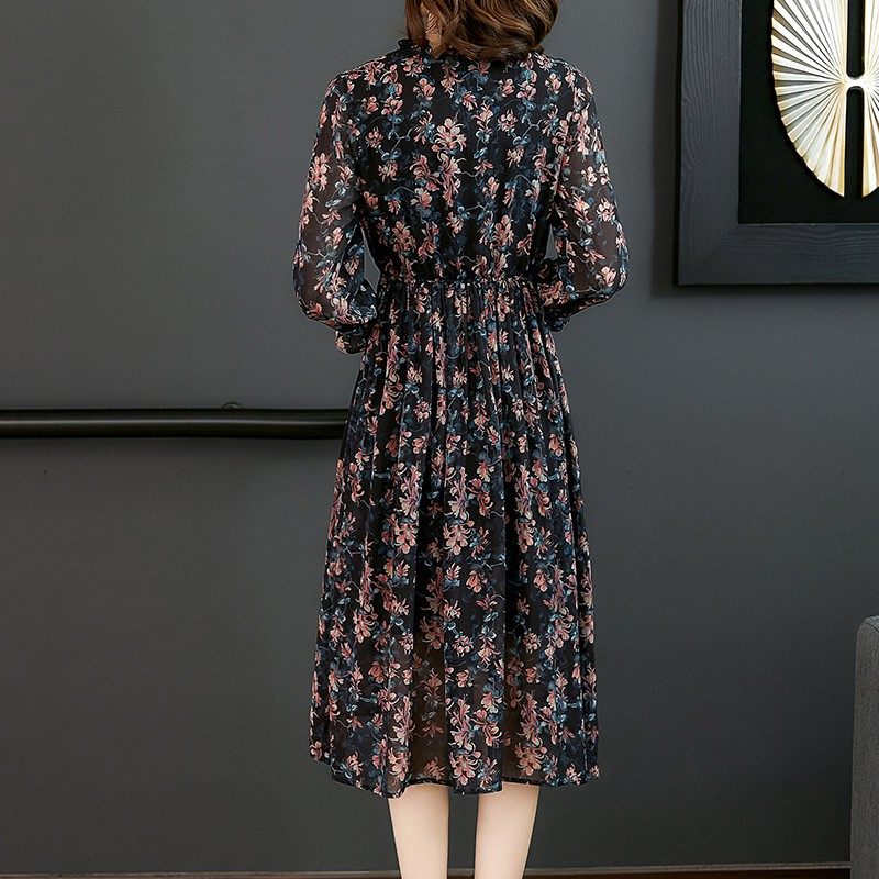 パーティードレス 花柄シフォン長袖ティアードワンピース