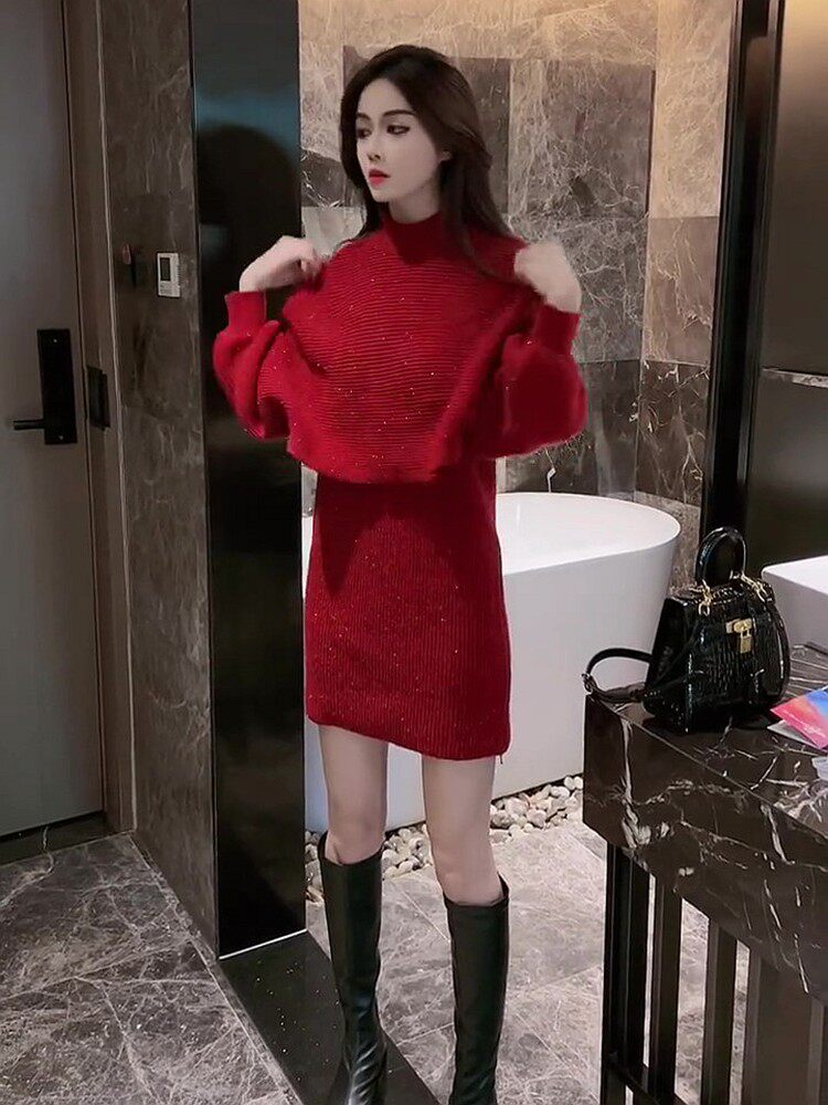 パーティードレス 肩開きニットミニ丈ラメワンピース