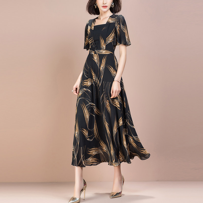 パーティードレス 羽根柄シフォンフレア袖ロング丈ワンピース