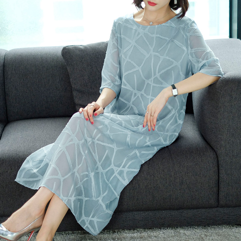 パーティードレス 幾何学模様シフォン五分袖ロングワンピース