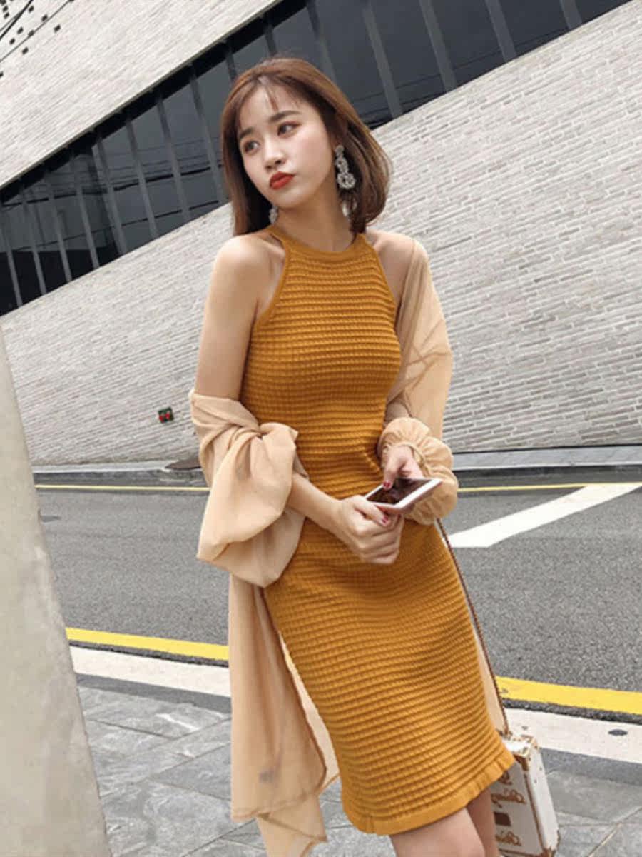 パーティードレス ホルターネックリブニットボディコンワンピース