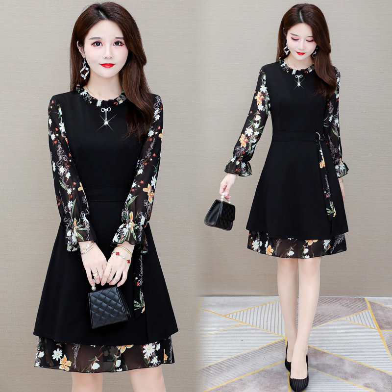 パーティードレス 花柄シースルー袖切り替えリボン付きワンピース